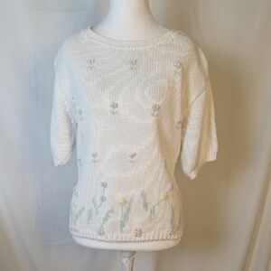 Vintage Lucia Floral Pastel White Embroidered Knit Sweater